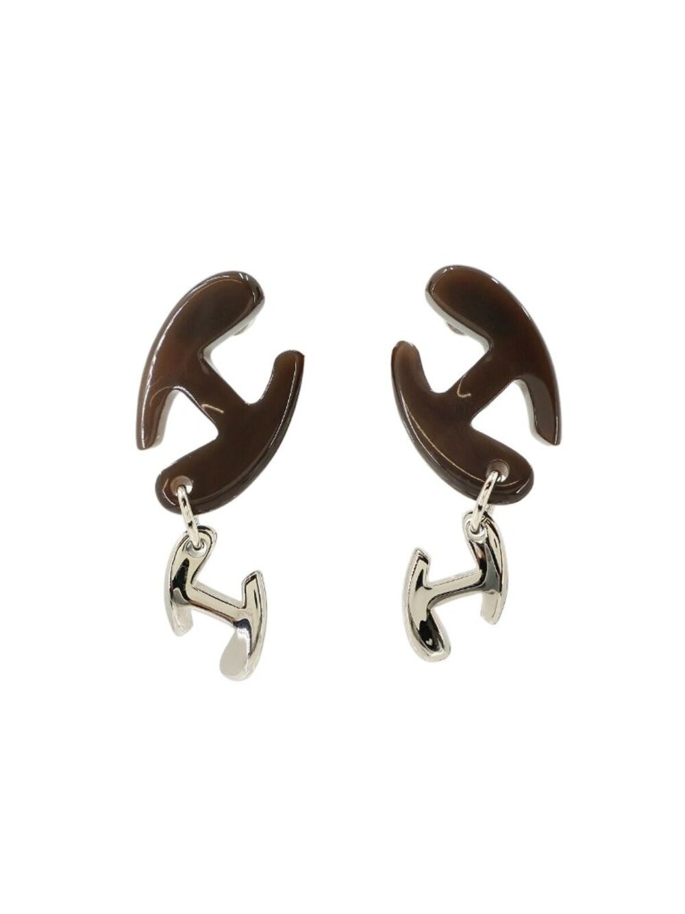 Hermes Chaine D H Earrings Buffalo Horn Brown Silver